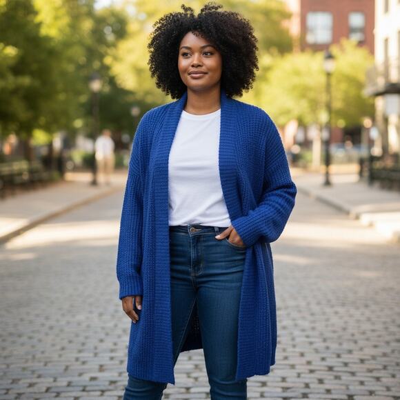 Vintage Monto par le Chois II Royal Blue Long Cardigan 100% Acrylic Chunky Knit - Picture 1 of 10
